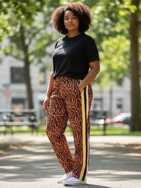 Pam & Gela Ocelot  Animal Print Track Pants with Yellow Side Stripe XL